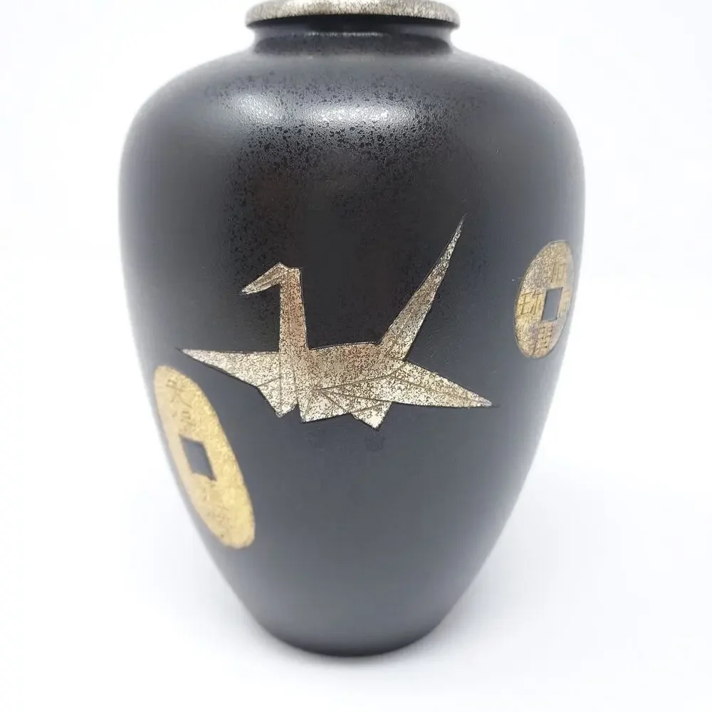 Brass Enamel Vase Origami Crane Mon Tempo Motif Black Gold 6.5